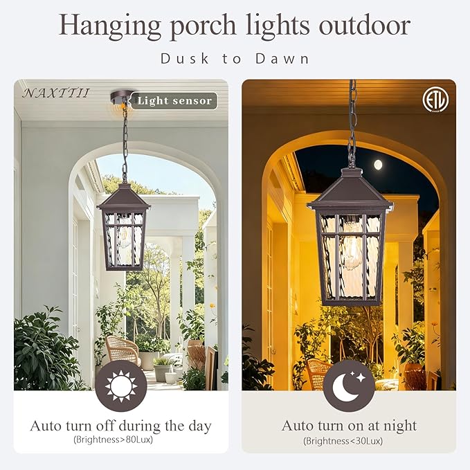Dusk to Dawn Outdoor Hanging Lantern Lights 15.2 Inch Large Porch Pendant Lights for House Doorway Aluminum Waterproof Outdoor Pendant Light with Water Ripple Glass E26 Socket