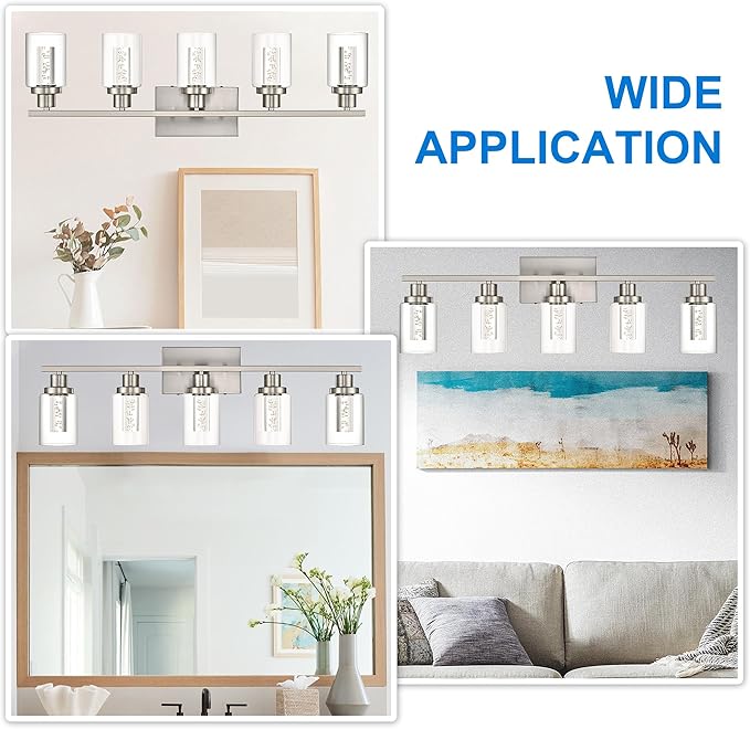 MELUCEE Bathroom Vanity Light Fixtures 5-Light Modern LED Vanity Lights for Bathroom Brushed Nickel with Crystal Bubble Clear Glass Shade, Dimmable Wall Light 3000K-6000K, Built-in LED Chips