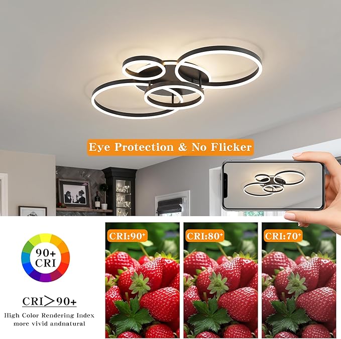 O'NEELDY Flush Mount Modern Ceiling Light Black Led Modern Light Fixtures Ceiling Mount Lights 4 Rings Led Chandelier Lamp Fixture with Remote for Living Room Kitchen Dining Room Bedroom