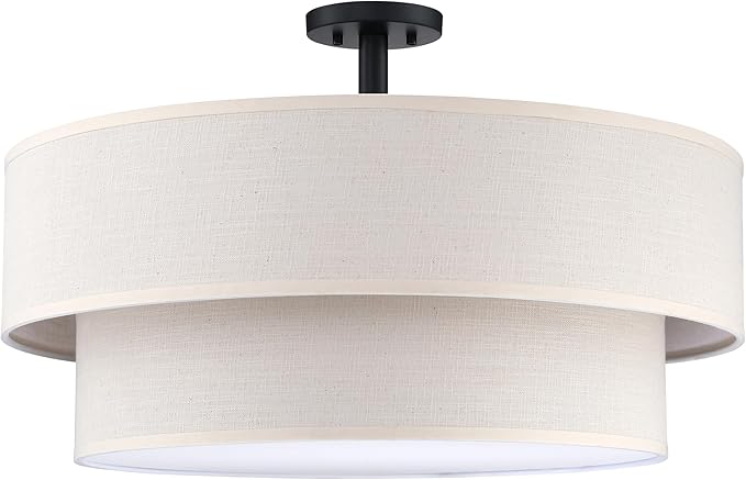5 Light Semi Flush Mount Close to Ceiling Light Fixture,Cream Linen Fabric Shade Black Finish 22 inch for Bedroom,Living Room,Dining Room Hallway