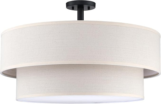 5 Light Semi Flush Mount Close to Ceiling Light Fixture,Cream Linen Fabric Shade Black Finish 22 inch for Bedroom,Living Room,Dining Room Hallway