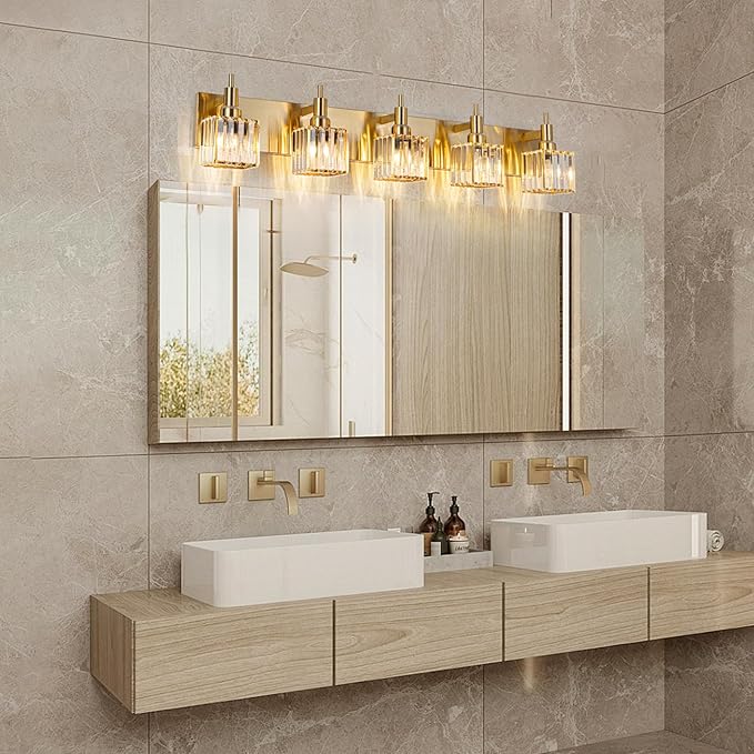 Gold Bathroom Vanity Lights, 5 Lights Crystal Bathroom Lighting Fixtures Over Mirror Modern Gold Crystal Wall Light