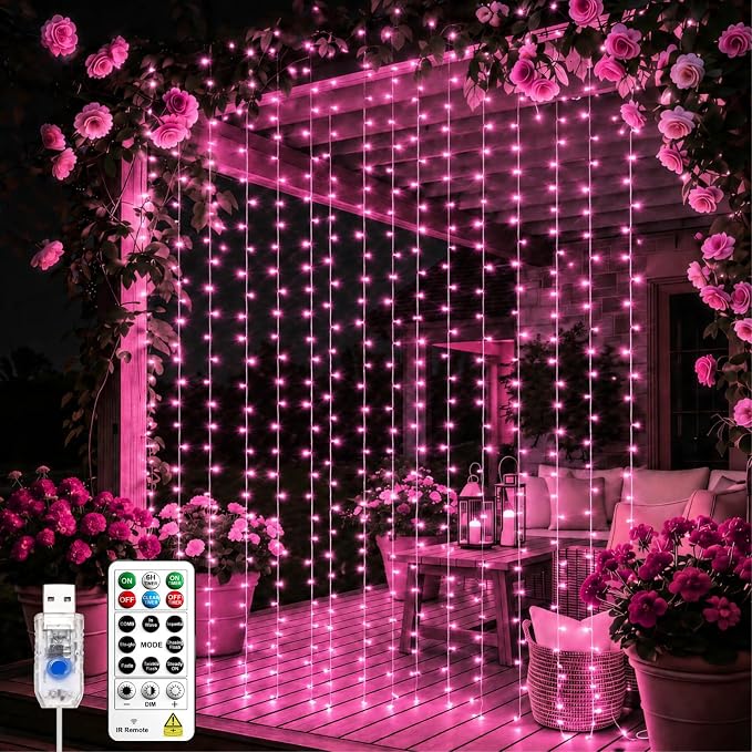 Curtain Light for Bedroom, 200LED 6.6x6.6ft Pink Window Wall Hanging Fairy Curtain String Light, 8 Modes Remote Fairy String Lights Indoor for Wedding Party Home Garden Decorations