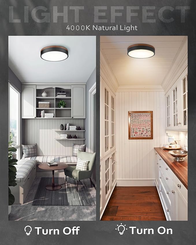Ken & Ricky12inch Wood Flush Mount Ceiling Light,Black Light Fixtures Ceiling Mount,Led Dimmable 3000K/6500K for Bedroom,Kitchen,Hallway,Entyrway,Laundry Room,24W 5CCT 2PK