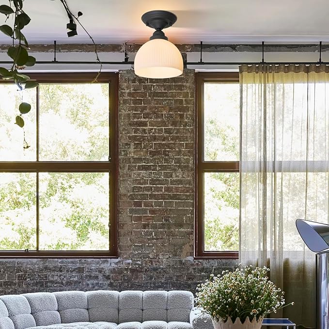 Industrial Flush Mount Ceiling Light with White Striped Globe Glass Lampshade, Vintage Glass Close to Ceiling Light Fixture for Kitchen Island Bedroom Entryway Stairwell