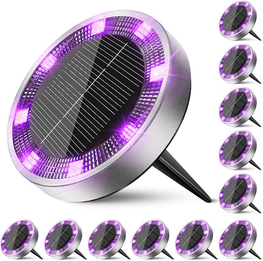 Peasur Solar Ground Lights Outdoor, 12 Pack Flat Solar Powered Disc Lights, IP68 Waterproof, Anti-Rust, Landscape Lighting for Pathway Garden Yard Lawn Walkway Landscape Driveway, Purple