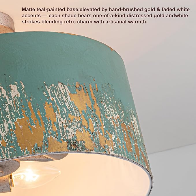 14.96" Modern Vintage Semi Flush Mount Ceiling Light,3-Light Blue Ceiling Light Fixture with Hand-Brushed Gold Finish,Dimmable Hallway Light Fixtures for Bedroom,Kitchen,Entryway,Foyer