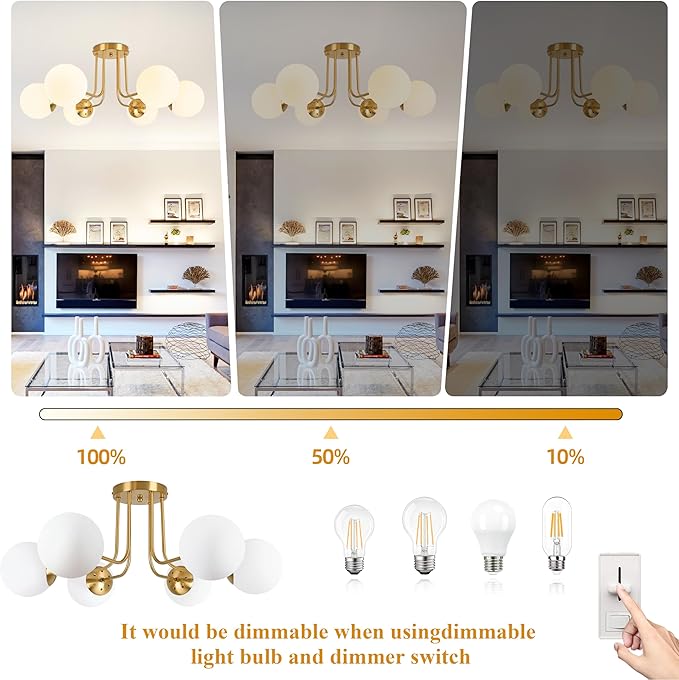 KoKo&Yukina 6-Light Mid Century Ceiling Light Modern Semi Flush Mount Ceiling Light Fixture Globe Ceiling Light with Milk Glass Shade Brushed Brass Finish for Bedroom Hallway Dining Room Living Room