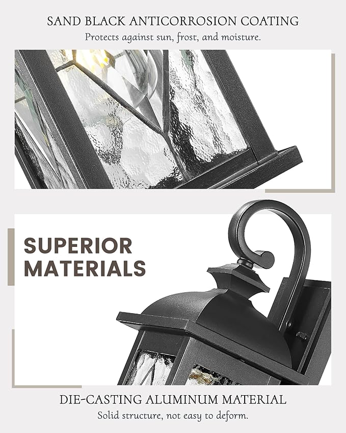 FEMILA Outdoor Wall Light Fixture,1-Light Exterior Waterproof Wall Sconce, Front Porch Lights, Matte Black Finish with Water Ripple Glass, UL Listed, 4FD54B BK-SD