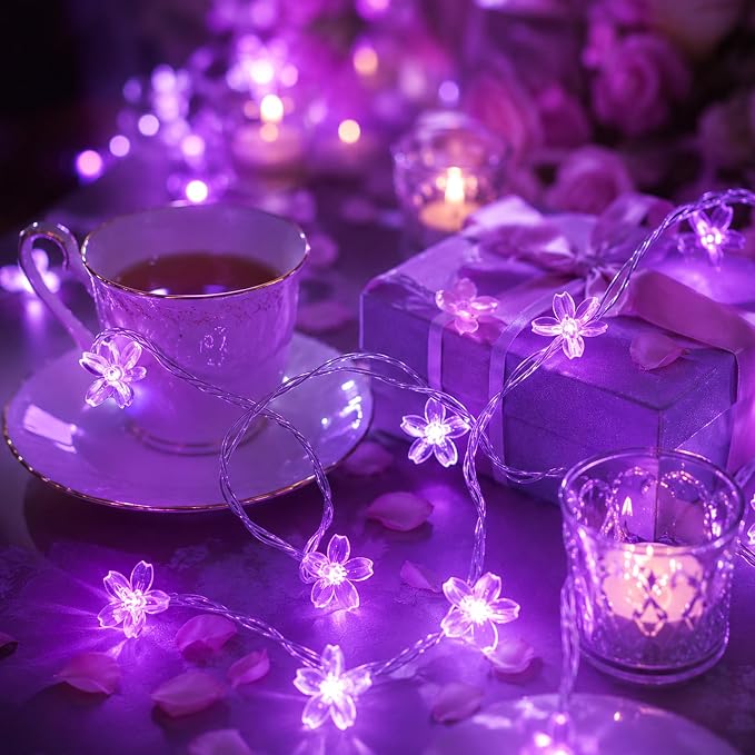 Battery/USB Operated 9.8ft 30LED Purple Cherry Blossom Flower String Lights | Cute Fairy Lights For Bedroom, Valentine'S Day, Christmas, Easter, Wedding, Party, Birthday Indoor Outdoor Romantic Decor