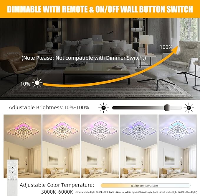 Modern Ceiling Light,Dimmable Living Room Lights Ceiling,8 Squares LED Kitchen Ceiling Light Fixture for Laundry Room,Hallway,3000-6000K,Chrome