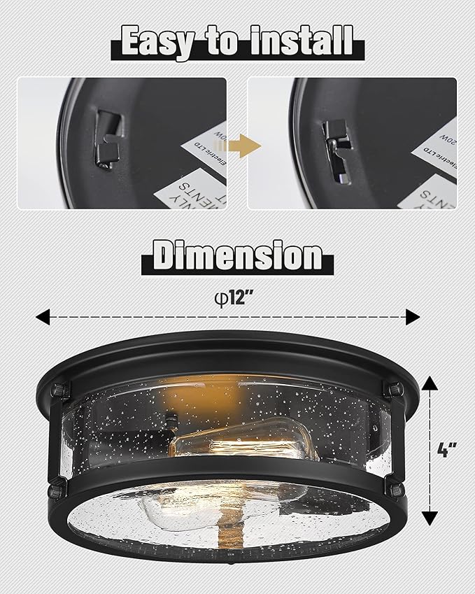 Black Flush Mount Ceiling Light, 2-Light Metal Cage Ceiling Light Fixture, Industrial Farmhouse Flush Mount Light with Seeded Glass Shade for Kitchen, Hallway, Bedroom (12 Inch)