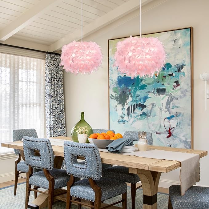 NZV Pink Feather Pendant Lights for Bedroom Romantic Feathers Light Fixture Pink Chandelier Girls Room Modern Hanging Ceiling Lighting for Dining Room Kitchen Island Foyer Hallway (Diameter 11.8in)