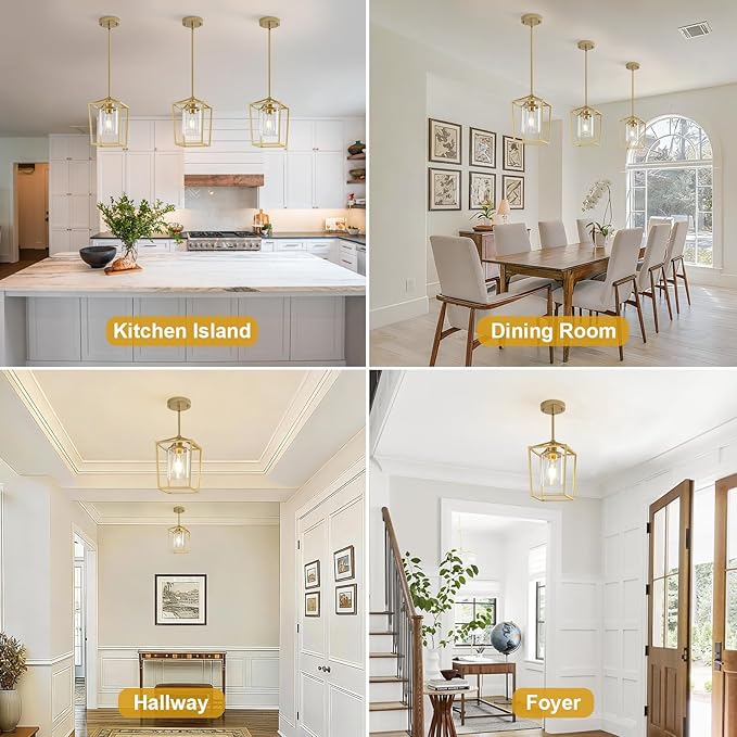 3 Pack Gold Pendant Lights, Farmhouse Kitchen Pendant Lighting Over Island, Metal Cage Hanging Lights with Clear Glass Shade for Kitchen Island, Dining Room, Entryway, Hallway