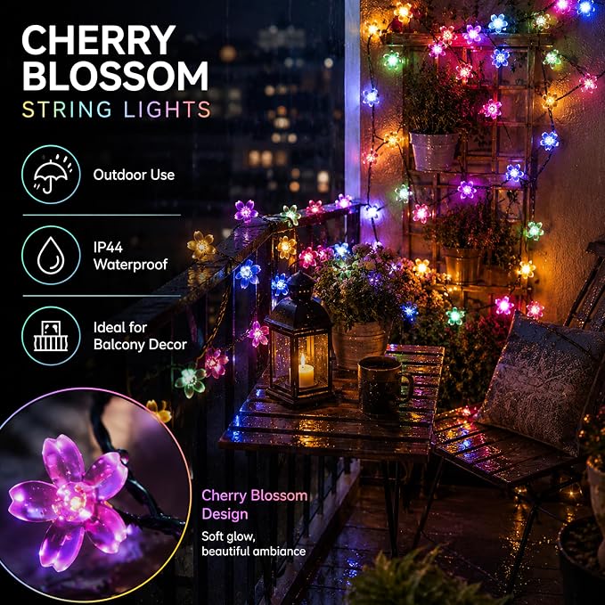 Pastel Flower Fairy Lights String with Timer for Easter Christmas Decor, | USB plug in 8 modes multicolored cherry blossom lights for wedding, Christmas Easter, bedroom, indoor outdoor decorations
