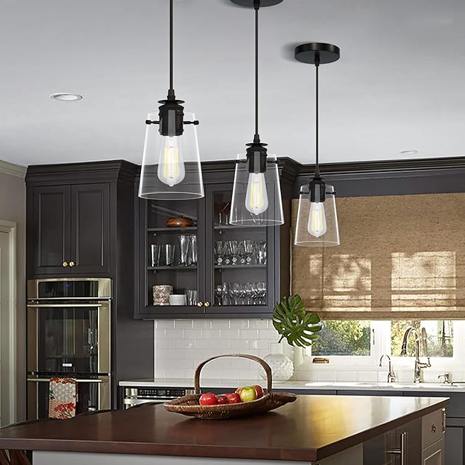 2Pack Pendant Lights Kitchen Island, Modern Industrial Pendant Light Fixtures with Glass Shade, E26 Socket Adjustable Cord for Dining Room, Bedroom, Living Room, Farmhouse Pendant Lighting