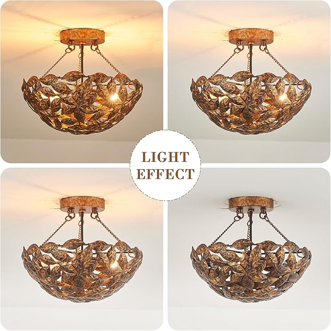 Vintage Flush Mount Ceiling Light with Leaves Design Shade, Dome Hallway Lighting Fixture, Industrial Light Fixture for Bedroom Entryway Kitchen Laundry