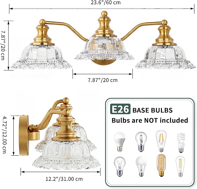 Espird Brass Bathroom Light Fixtures Over Mirror, 3 Light Vintage Bathroom Vanity Light Fixture with Clear Flower Glass Shades, Retro Gold Wall Sconce E26 Vanity Lights for Bathroom Living Room