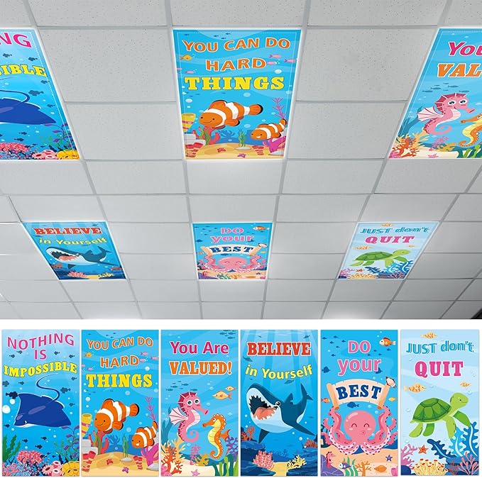 6 Pcs Fluorescent Light Covers with 60 Magnets Decorative for Classroom Ceiling Lights 4 x 2 Feet Magnetic Light Cover Filter Easy Install for Office Hospital Home Ceiling Supplies (Positive Ocean)