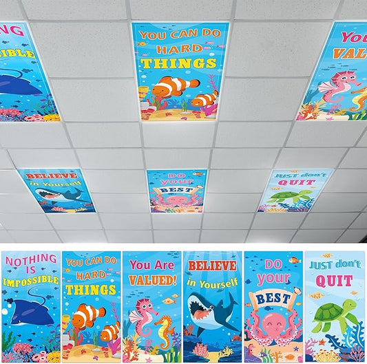 6 Pcs Fluorescent Light Covers with 60 Magnets Decorative for Classroom Ceiling Lights 4 x 2 Feet Magnetic Light Cover Filter Easy Install for Office Hospital Home Ceiling Supplies (Positive Ocean)
