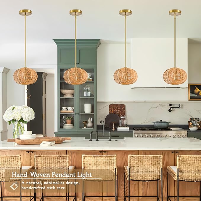 Mini Rattan Pendant Light Hemp Rope Rattan Light Fixture Woven Pendant Wicker Chandelier Boho Chandelier for Bedroom Kitchen Island