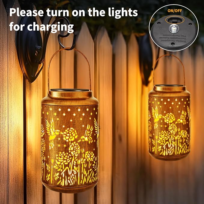 ODEETRONIC 2Pack Hummingbird Solar Lanterns - LED Solar Lantern Lights Outdoor Waterproof, Garden Lantern Lights Birthday Gift for Women, Metal Hummingbird Hanging Lanterns for Garden Yard Patio Decor