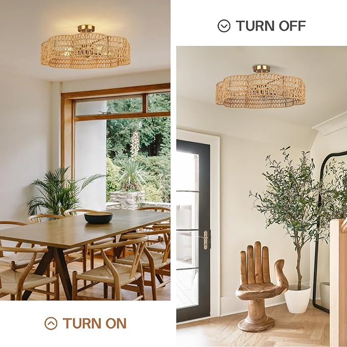 24” Boho Rattan Ceiling Light Fixture, Hand-Woven Wicker Flush Mount Chandelier, Rustic Coastal Scalloped Gold Base Semi Flush Lighting for Bedroom, Dining Room, Kitchen, Foyer, Living Room