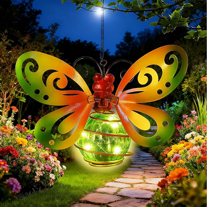 2 Pack Butterfly Garden Decor with Bouncy Springs Pendant Lights Birthday Gifts for Women Mom,Hanging Solar Lights Outside Waterproof Metal Solar Outdoor Decoration for Yard, Porch,Patio,Backyard