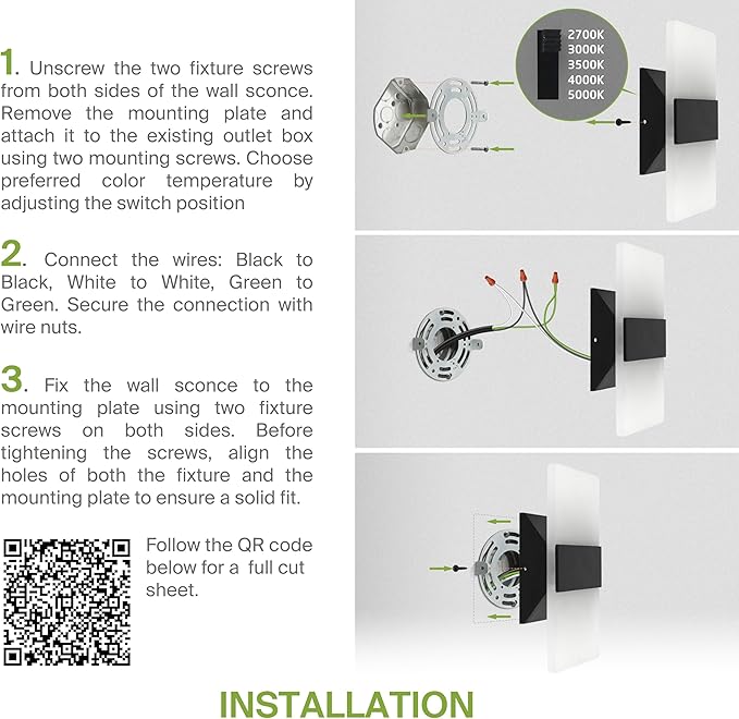 ASD 8 Inch Indoor LED Wall Sconce - 10W 2700K-5000K Dimmable Black Wall Sconce Lights for Living Room, Bedroom, Bathroom, Hallway - Modern Wall Sconces Hardwired, ETL Interior Light