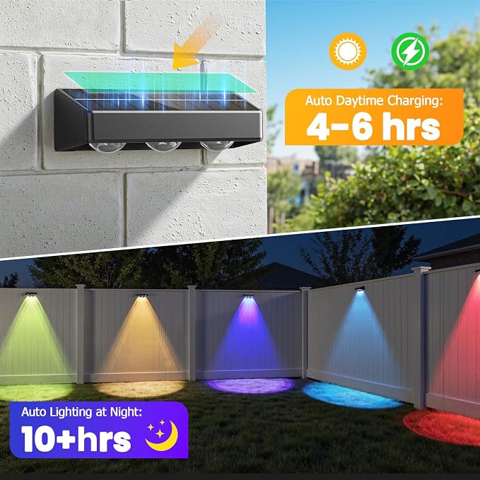 NIORSUN Solar Fence Lights,16 Pack Solars Deck Light,RGB Color,Outdoor Bulb Waterproof Led IP65,Outdoor Fence Light,Power Patio Lamp with Lenses for Outside/Backyard/Railing/Yard(Black)