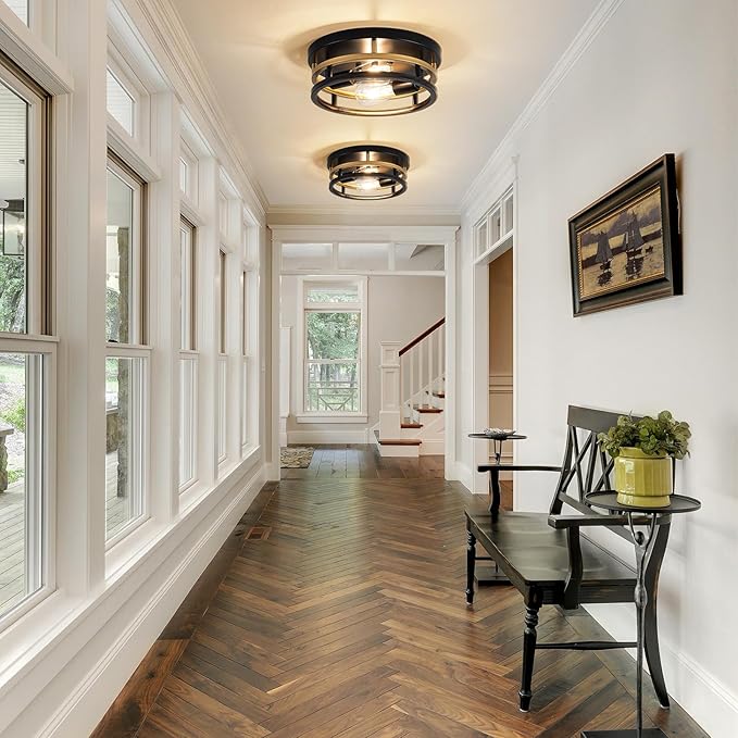 2 Light Industrial Ceiling Light Black Gold Semi Flush Mount Lights Close to Ceiling Light Fixtures,cage design Farmhouse Ceiling Lighting for Kitchen Bedroom Bathroom Foyer Hallway (E26, 1Pack)