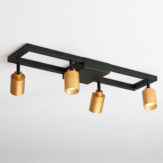 Shura - Square 4-Light Black and Brass Integrated LED Ceiling Light w/Rotatable Heads, Adjustable Flush Mount Ceiling Light, 3000K, 1820 Lumens