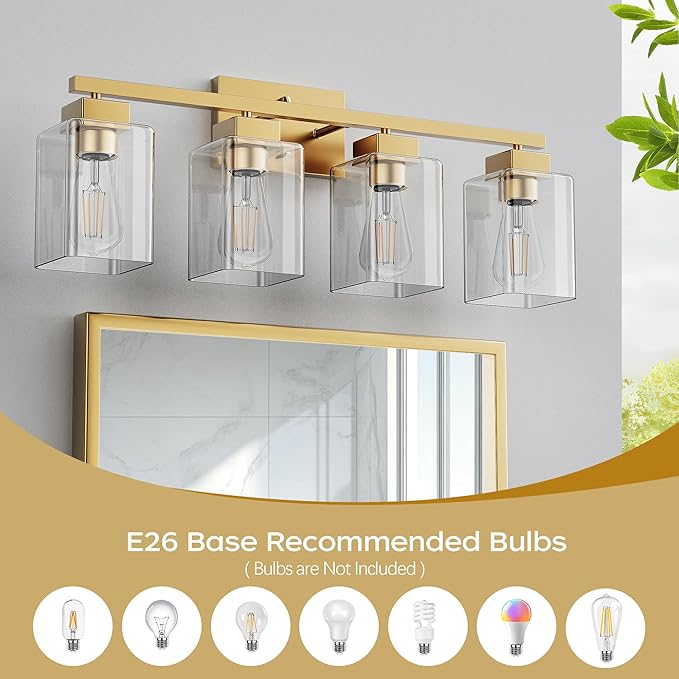 PARTPHONER 4-Light Bathroom Light Fixtures, Brushed Gold Modern Vanity Lights, Bathroom Lighting Fixtures Over Mirror, Square Design Farmhouse Wall Sconces with Clear Glass Shades