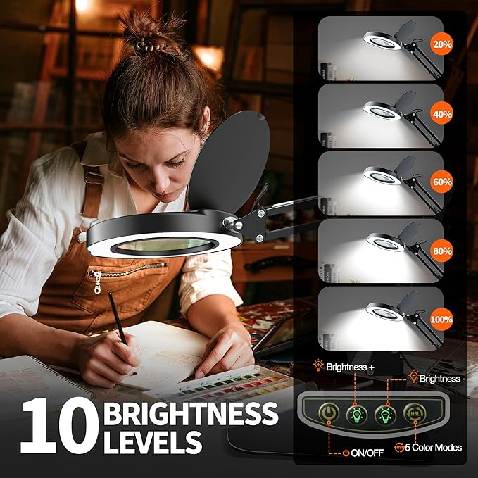 KimFilter 10X Magnifying Glass with Light and Stand | Dust Cover Design, 5 Color Temp Modes Dimmable LED Magnifying Lamp with Swing Arm | Hands Free Desk Magnifying Light for Crafts, Read & Close Work