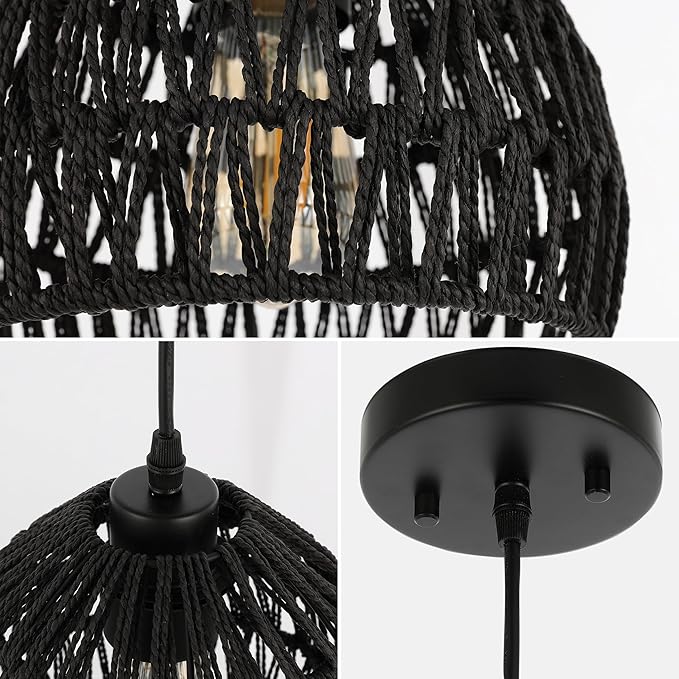 JONATHAN Y 10.25" Black Modern Bohemian Woven Rope LED Pendant Light Fixture, Adjustable Dome Ceiling Lamp for Kitchen Island, Rope Shade, Coastal Farmhouse Decor (JYL6513B)