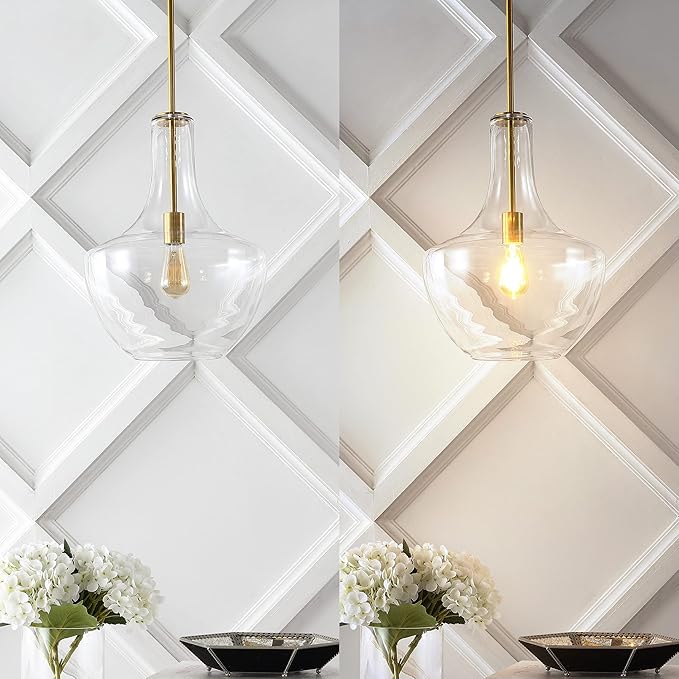 JONATHAN Y 13.25" Brass Gold/Clear Mid-Century Modern 1-Light LED Pendant Light Fixture, Adjustable Schoolhouse Hanging Lamp for Kitchen Island, Clear Glass Shade, LED Bulb Included (JYL6401C)