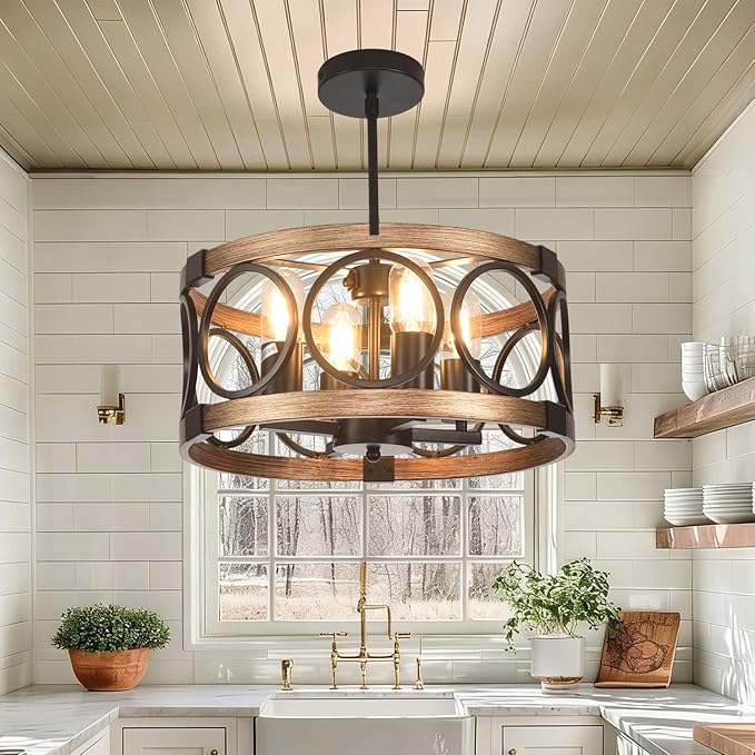 4-Light Semi Flush Mount Ceiling Light Fixture,17.71" Black Light Fixtures Ceiling Mount Kitchen Lighting Fixture Rustic Drum Chandelier Ceiling Haning Pendant Light Fixture