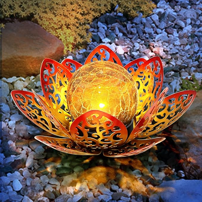 Solar Garden Decor Lights Outdoor, Decorative Lotus Flower Solar Lights with Crackle Glass Globe, Waterproof Metal Solar Lights for Patio Yard Lawn Walkway Garden Decor