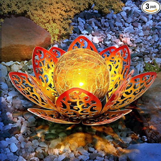 3 Pack Solar Garden Decor Lights Outdoor, Decorative Lotus Flower Solar Lights with Crackle Glass Globe, Waterproof Metal Solar Lights for Patio Yard Lawn Walkway Garden Decor