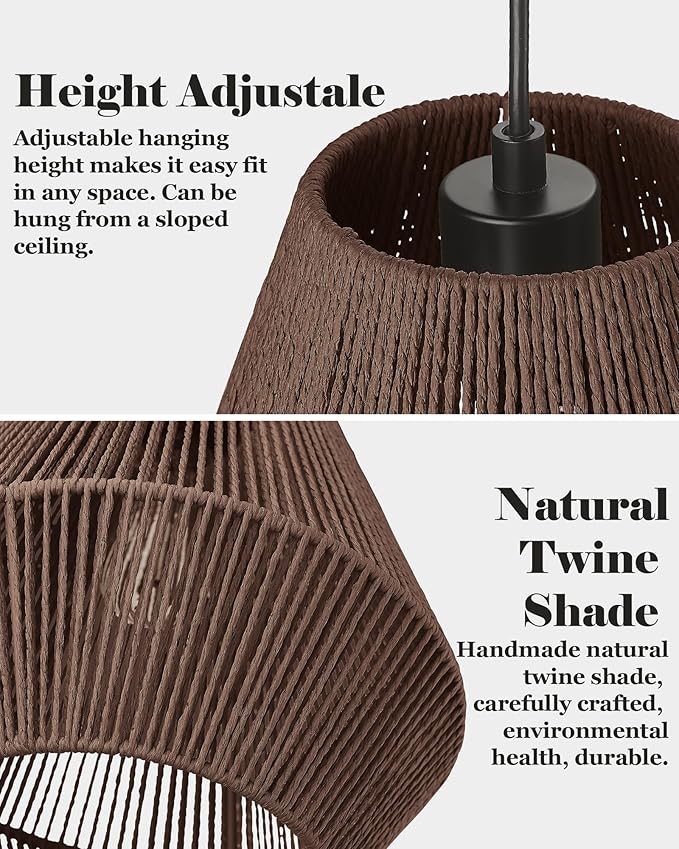 ELYONA Woven Pendant Lights 7” Rustic Rattan Hanging Lamp Adjustable Handwoven Basket Shade Boho Pendant Light Fixtures for Kitchen Island Dining Room Bedroom Farmhouse Bar Foyer Hallway Dark Brown