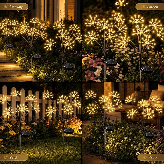 JJGoo Solar Garden Lights, New Upgraded 2 Pack Solar Swaying Starburst Light, Waterproof Fireworks Outdoor Lights, Yard Patio Pathway Decoration, Warm White