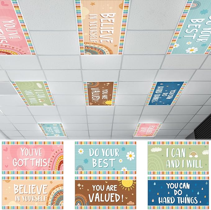 Wiooffen 6 Pcs Fluorescent Light Covers with 60 Magnets Decorative for Classroom Ceiling Lights 4 x 2 Feet Magnetic Light Cover Filter Easy Install for Office Hospital Home Ceiling Supplies (Boho)