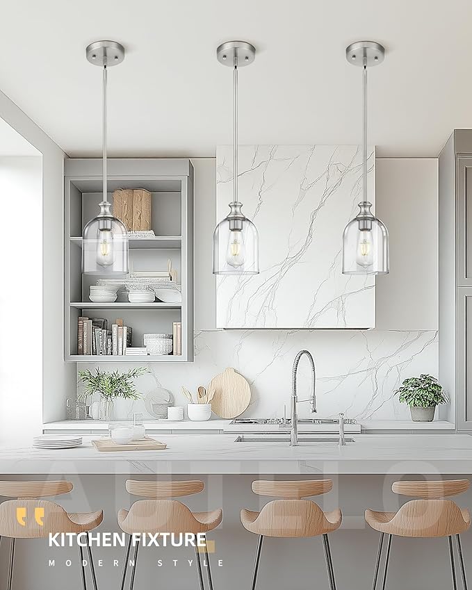 AUTELO Brushed Nickel Pendant Lights, 1-Light Kitchen Pendant Lighting with Clear Cylinder Glass, Modern Pendant Lights Kitchen Island with Adjustable Rods, H2511 CLST