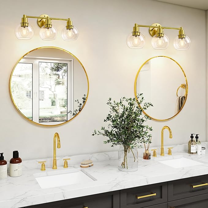 Espird 3 Light Bathroom Light Fixtures, Brushed Brass Bathroom Vanity Lights, Modern Vanity Lights 3-Light Globe Bathroom Vanity Lighting Fixture Over Mirror