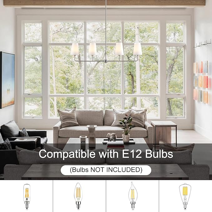 Brushed Nickel Chandelier for Kitchen Island 4-Light Linear Chandeliers for Dining Room Modern Farmhouse Classic Light Fixture with White Linen Shades Over Dining Table
