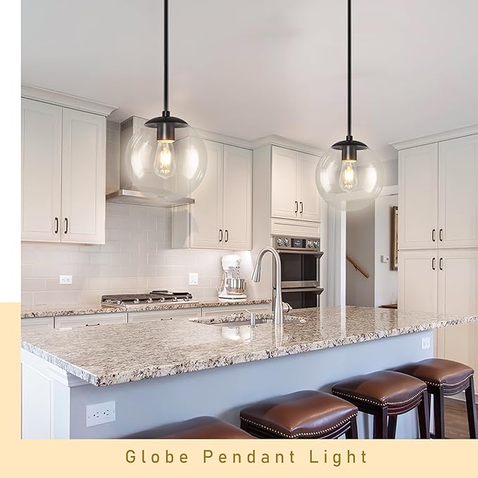Bagood 10" Globe Pendant Light Black 2 Pack Mid Century Pendant Light Globe Pendant Lights Kitchen Island Matte Black Finished with Clear Glass Adjustable Ceiling Light Fixtures for Dining Room Bar