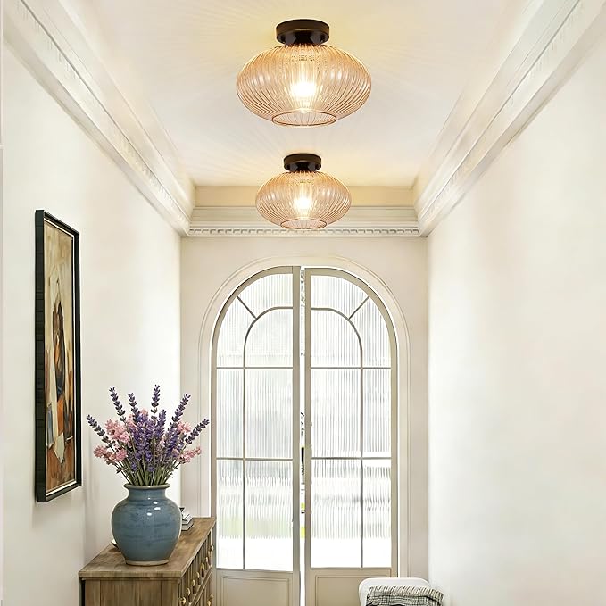 12 Inch Semi Flush Mount Ceiling Light, Amber Glass Ceiling Fixture with E26 Base, Vintage Mid Century Modern Art Deco Light for Hallway, Entryway, Kitchen, Dining Room, Foyer
