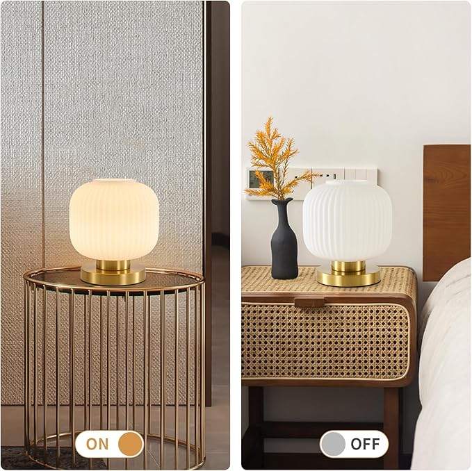 Dimmable Small Glass Table Lamp: Mid Century Modern Nightstand Light with Milk White Shade - Small Decorative Brass Desk Lamp - Ribbed Glass Bedside Tables Lamps for Bedroom Living Room Bulb Excluded