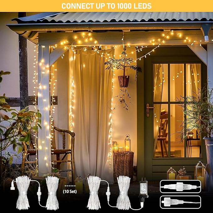 JMEXSUSS 2 Pack 100 LED Warm White Christmas Lights Indoor, Connectable 33ft String Lights Outdoor Waterproof, 8 Modes Clear Wire Christmas String Lights for Classroom Bedroom Party Tree Decorations
