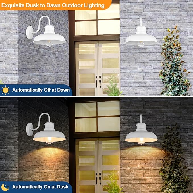 TOBUSA 2-Pack Dusk to Dawn Outdoor Wall Lights, Waterproof Farmhouse Gooseneck Barn Lights, 11.5'' White Outside Wall Sconces for House, Porch, Garage